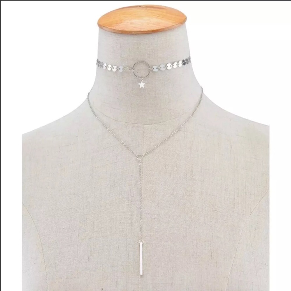 SILVER DANGLE STAR CHOKER NECKLACE - Picture 2 of 4